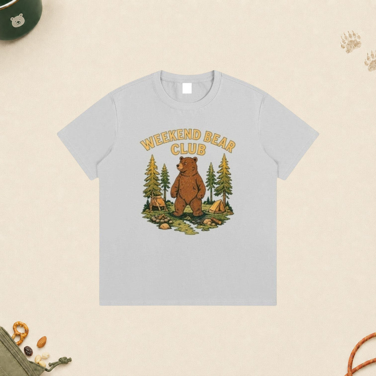 WEEKEND BEAR CLUB | WEEKDAY HUMAN. WEEKEND BEAR. graphic cotton t-shirt in light grey with a bear camping illustration