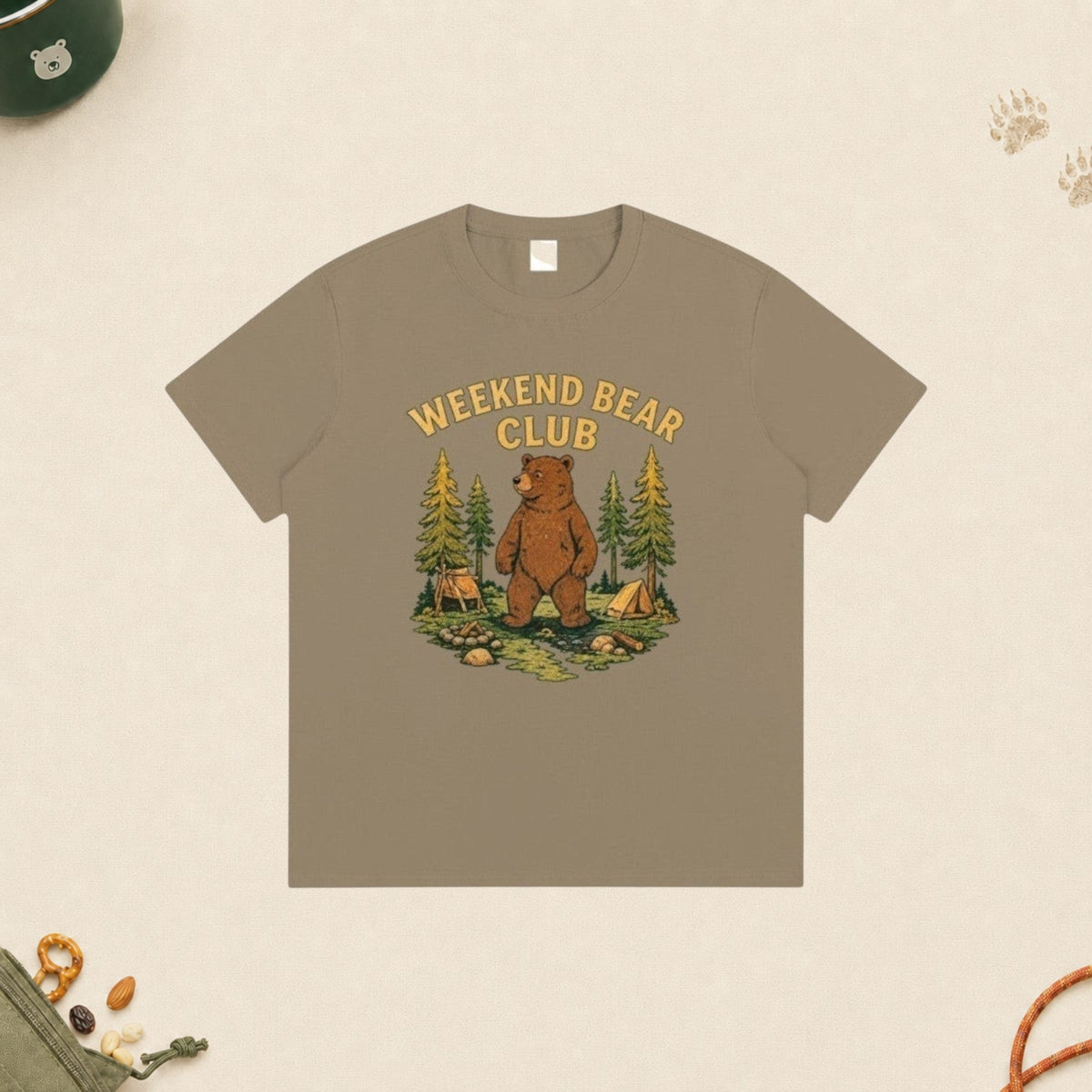 WEEKEND BEAR CLUB | WEEKDAY HUMAN. WEEKEND BEAR. graphic cotton t-shirt in khaki with a camping bear illustration.
