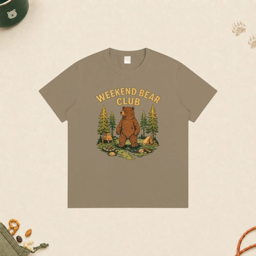 WEEKEND BEAR CLUB | WEEKDAY HUMAN. WEEKEND BEAR. graphic cotton t-shirt in khaki with a camping bear illustration.